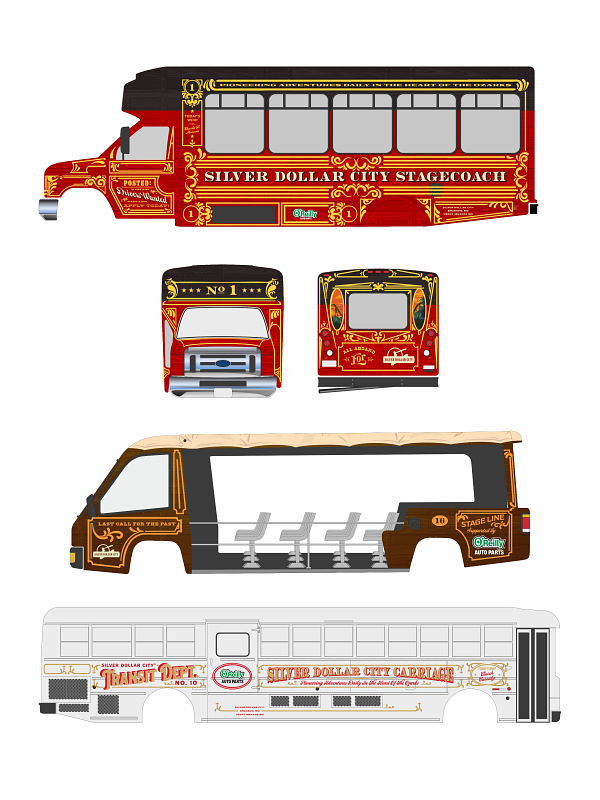 An artist's rendering shows three different types of Silver Dollar City conveyance vehicles - the Stagecoach, the Welcome Wagon, and the Carriage.