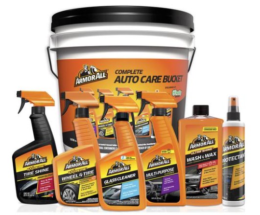 Picture shows a bucket, with six products in front, all for car cleaning and care.