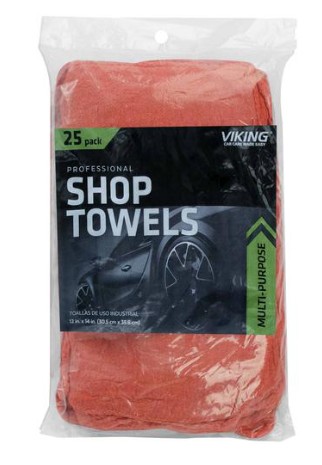 Image shows a plastic package with 25 red shop towels.