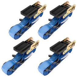 Blue tie downs with ratchets for securing loads.