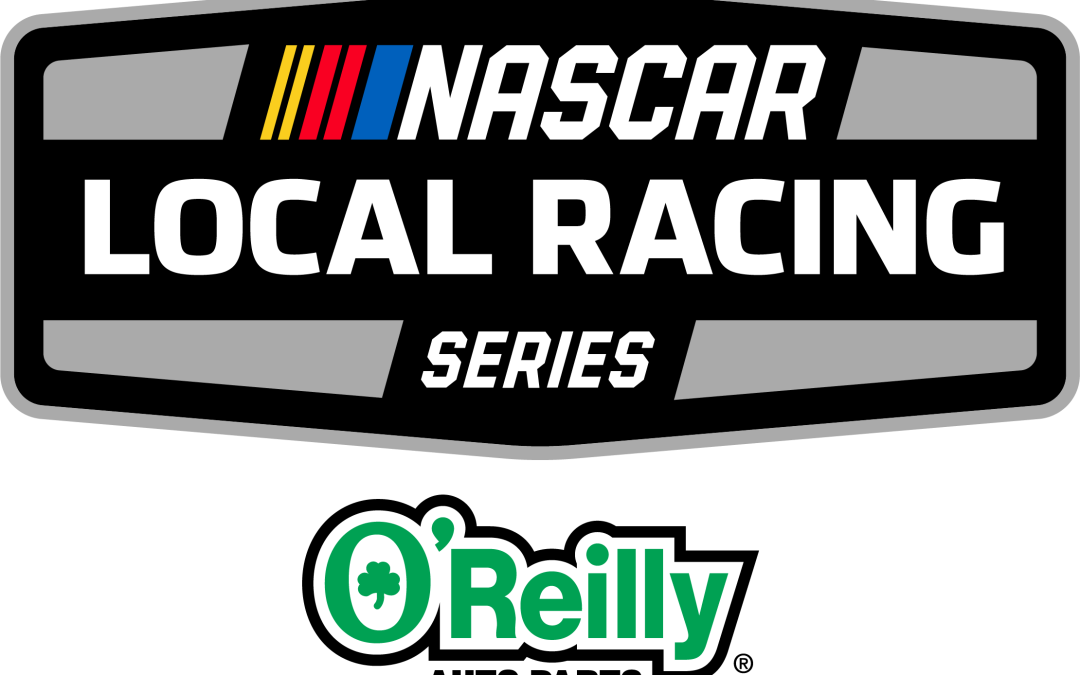 This is a black, gray, and green logo that says NASCAR Local Racing Series O'Reilly Auto Parts