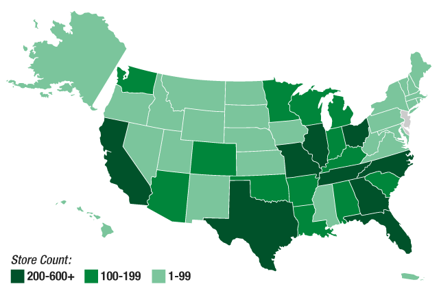 A map of the United States, showing the concentration of O'Reilly stores. States with locations greater than 200 stores are shown in the darkest green, those with 100-199 are in lighter green, and those with 1-99 are in the lightest green. Delaware and New Jersey are in light gray, indicating there are no O'Reilly Auto Parts stores there as of Dec. 31, 2025.