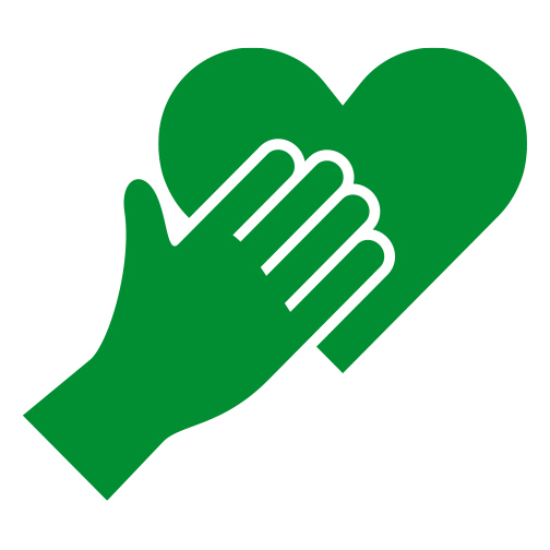 An icon showing a green heart with a green hand over it.